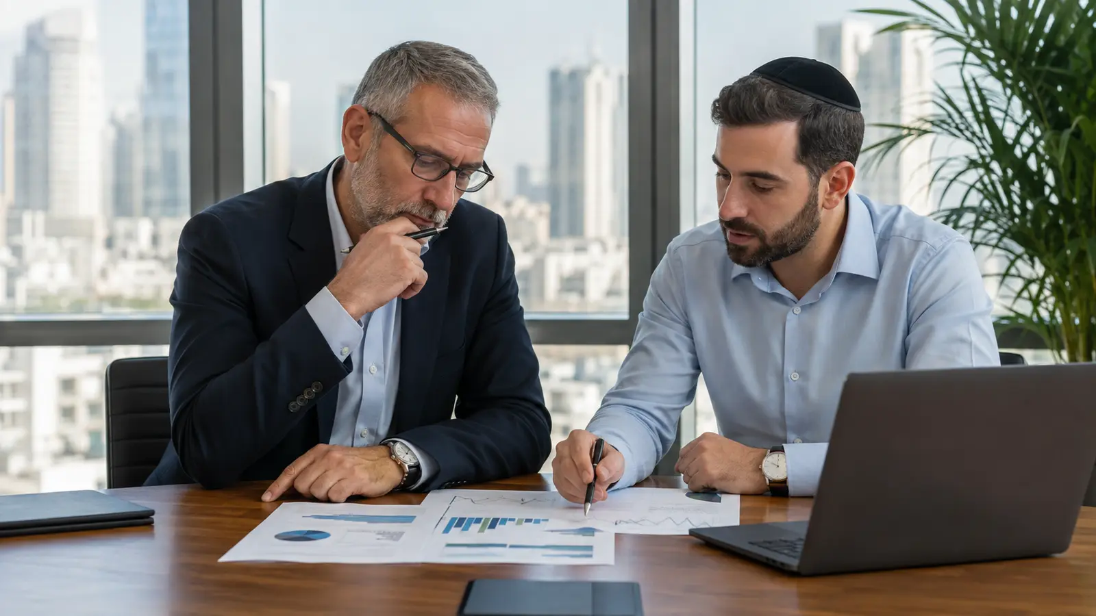 מנהלי משרד ישראלים מנתחים דוחות ומקבלים החלטות כספיות
